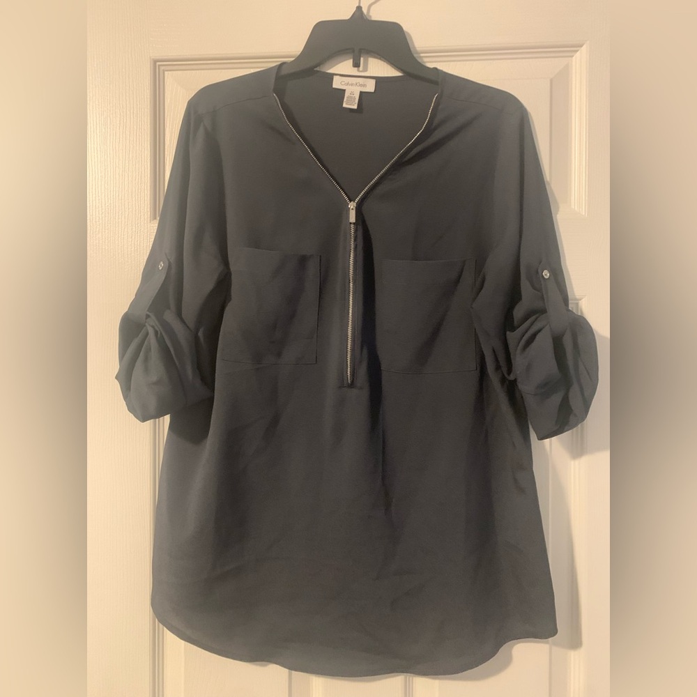 Calvin Klein Zip Front Roll Sleeve Button Top